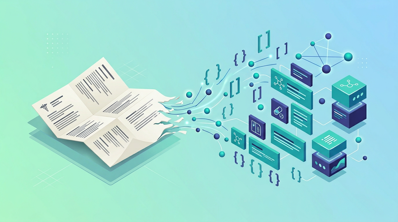 Illustration of a paper leaflet transforming into structured digital data