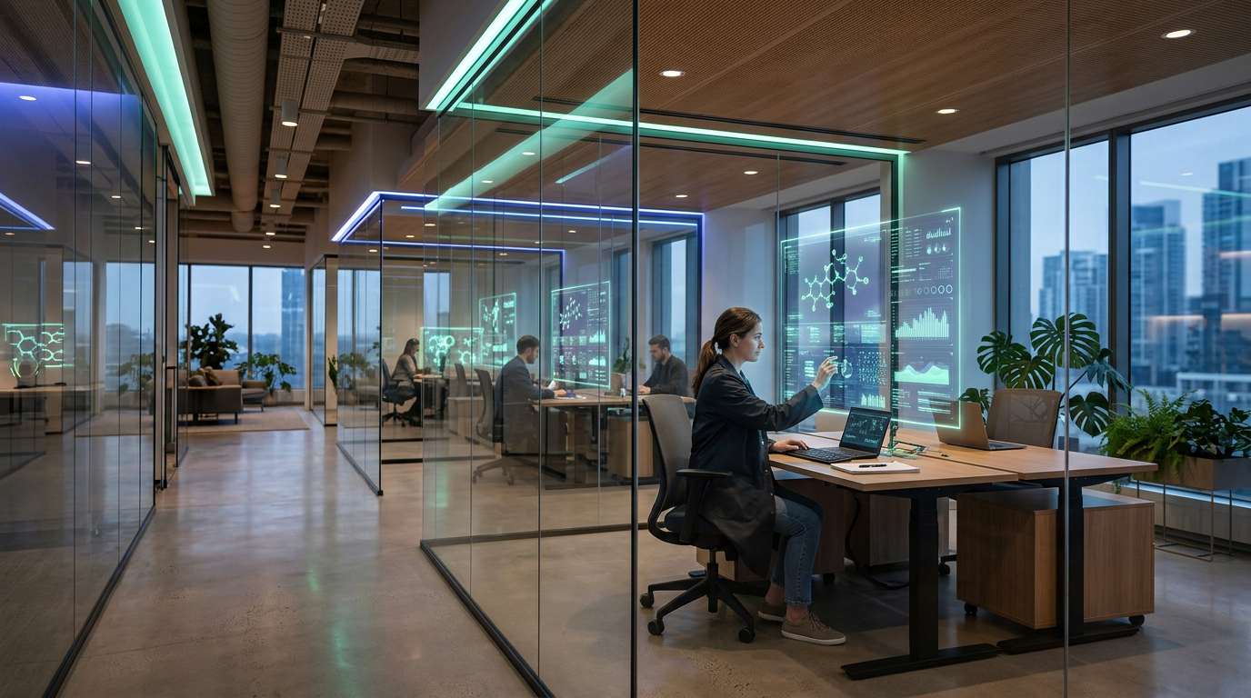Modern pharmaceutical research office with data dashboards